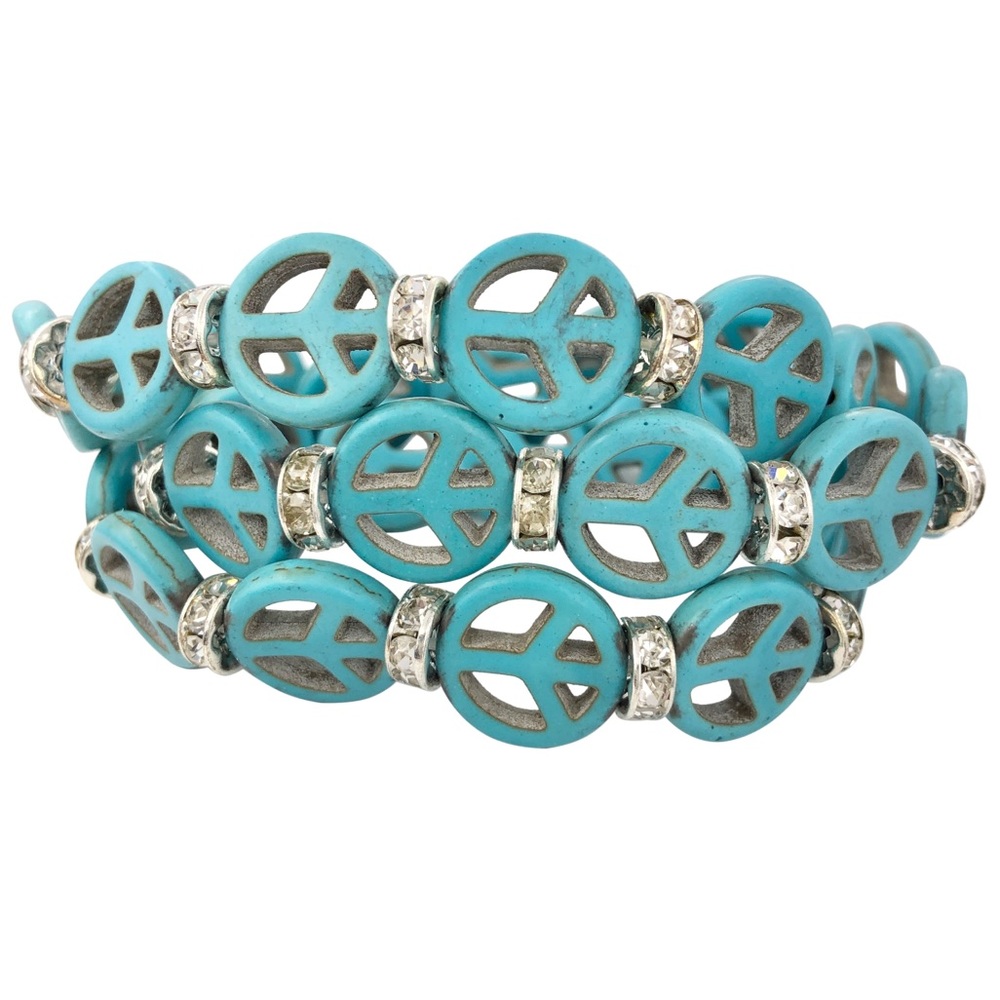 Peace Sign Symbol Turquoise Stone Rhinestones Wrap Around Bracelet or Necklace